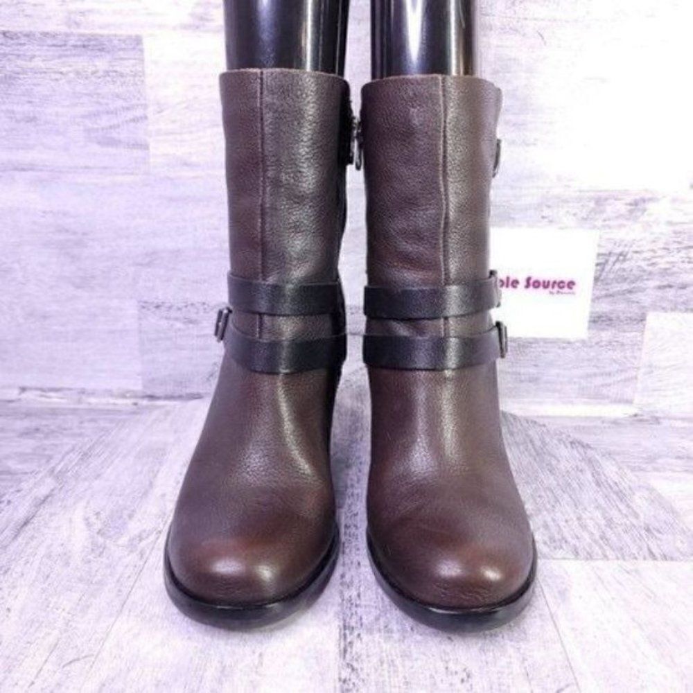 Kork Ease Anki Buckle Strap Leather Heeled Moto Boot Brown Black Women's sz 8 - Picture 2 of 9